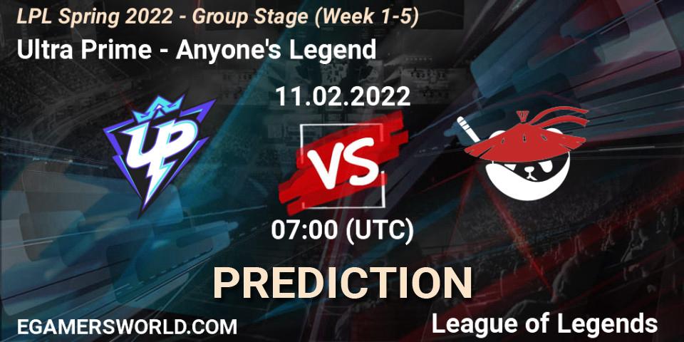 Ultra Prime - Anyone's Legend: прогноз. 11.02.2022 at 07:00, LoL, LPL Spring 2022 - Group Stage (Week 1-5)