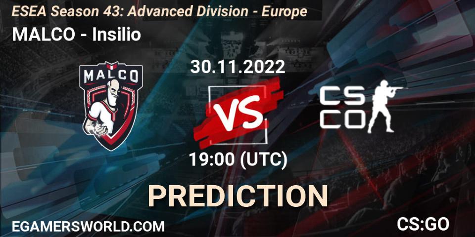 MALCO - Insilio: прогноз. 30.11.2022 at 19:00, Counter-Strike (CS2), ESEA Season 43: Advanced Division - Europe