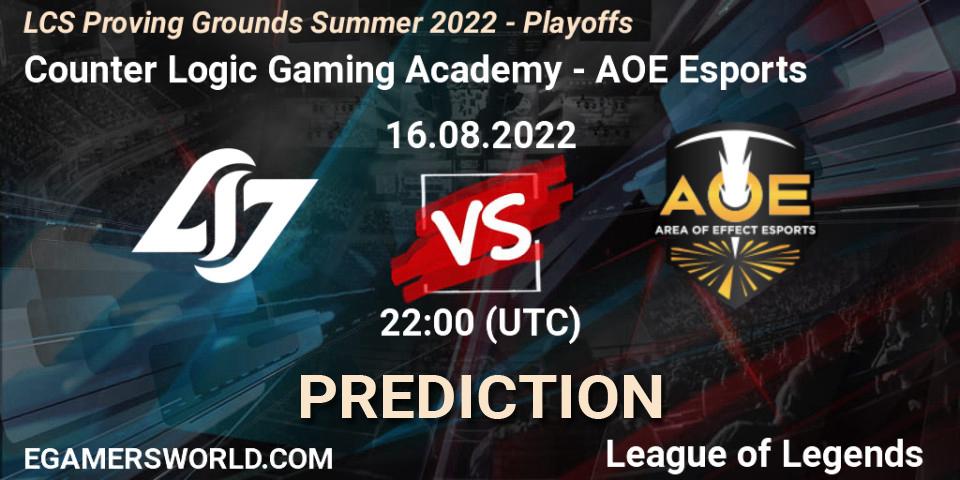 Counter Logic Gaming Academy - AOE Esports: прогноз. 16.08.2022 at 22:00, LoL, LCS Proving Grounds Summer 2022 - Playoffs