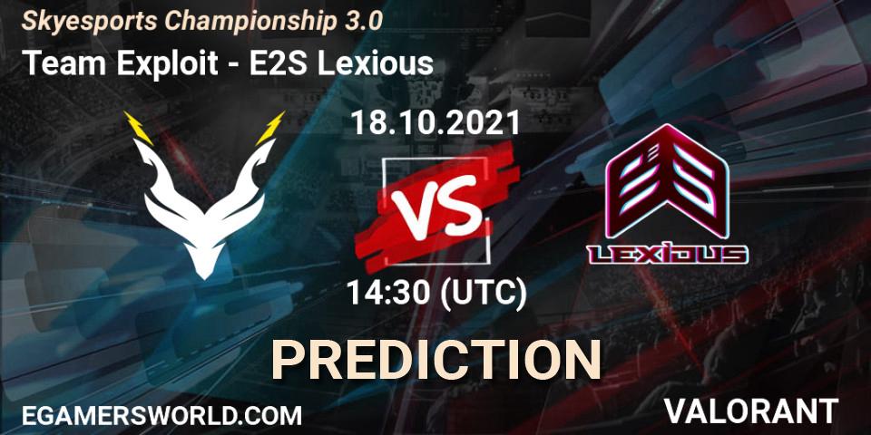 Team Exploit - E2S Lexious: прогноз. 18.10.2021 at 14:30, VALORANT, Skyesports Championship 3.0