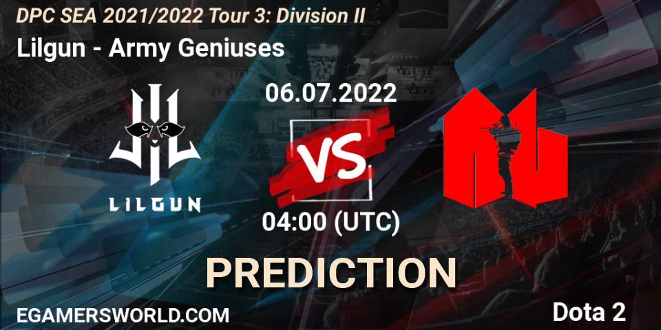 Lilgun - Army Geniuses: прогноз. 06.07.22, Dota 2, DPC SEA 2021/2022 Tour 3: Division II