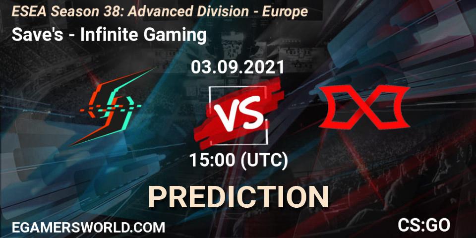 Save's - Infinite Gaming: прогноз. 03.09.2021 at 15:00, Counter-Strike (CS2), ESEA Season 38: Advanced Division - Europe