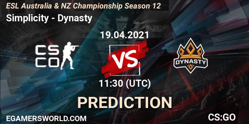 Simplicity - Dynasty: прогноз. 19.04.2021 at 10:35, Counter-Strike (CS2), ESL Australia & NZ Championship Season 12