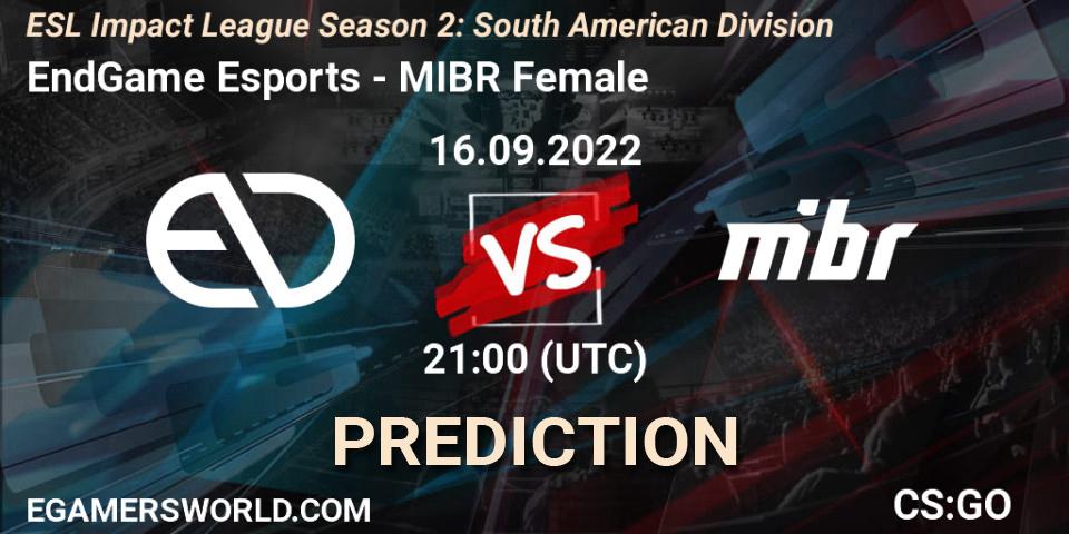 EndGame Esports - MIBR Female: прогноз. 16.09.2022 at 21:00, Counter-Strike (CS2), ESL Impact League Season 2: South American Division