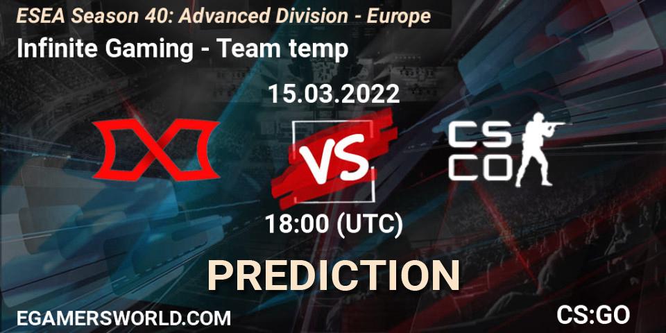 Infinite Gaming - Team temp: прогноз. 15.03.2022 at 18:00, Counter-Strike (CS2), ESEA Season 40: Advanced Division - Europe