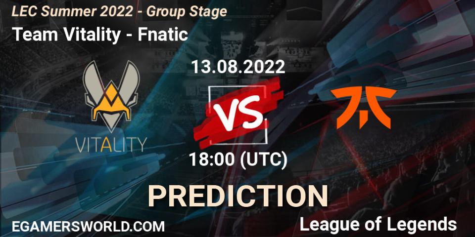 Team Vitality - Fnatic: прогноз. 13.08.2022 at 18:15, LoL, LEC Summer 2022 - Group Stage