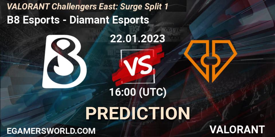 B8 Esports - Diamant Esports: прогноз. 22.01.2023 at 16:00, VALORANT, VALORANT Challengers 2023 East: Surge Split 1