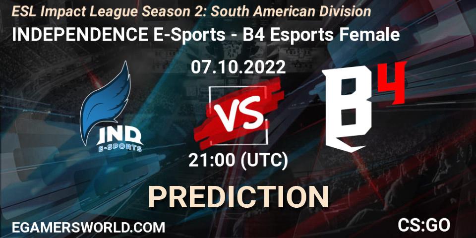 INDEPENDENCE E-Sports - B4 Esports Female: прогноз. 07.10.2022 at 21:00, Counter-Strike (CS2), ESL Impact League Season 2: South American Division