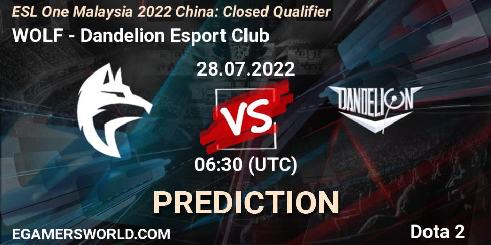 WOLF - Dandelion Esport Club: прогноз. 28.07.2022 at 06:33, Dota 2, ESL One Malaysia 2022 China: Closed Qualifier