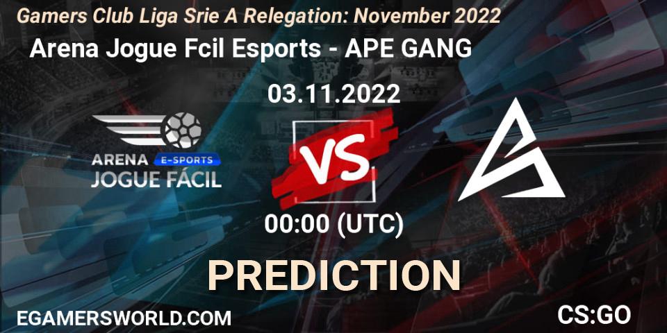  Arena Jogue Fácil Esports - APE GANG: прогноз. 03.11.2022 at 00:00, Counter-Strike (CS2), Gamers Club Liga Série A Relegation: November 2022