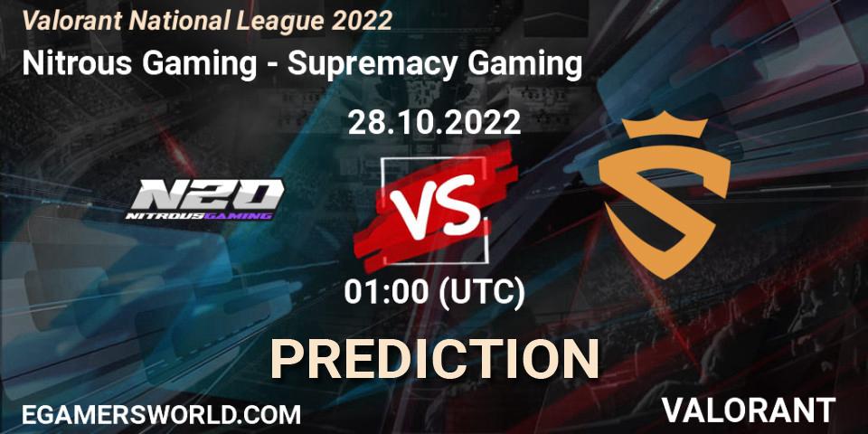 Nitrous Gaming - Supremacy Gaming: прогноз. 28.10.2022 at 01:00, VALORANT, Valorant National League 2022