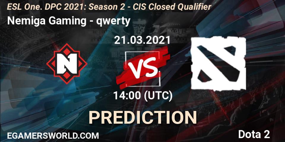 Nemiga Gaming - qwerty: прогноз. 21.03.2021 at 13:59, Dota 2, ESL One. DPC 2021: Season 2 - CIS Closed Qualifier