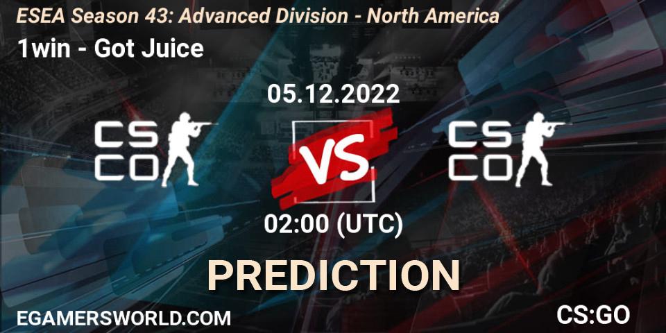 1win - Got Juice: прогноз. 05.12.22, CS2 (CS:GO), ESEA Season 43: Advanced Division - North America
