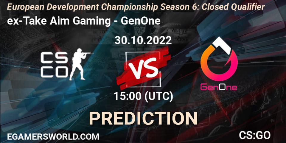 ex-Take Aim Gaming - GenOne: прогноз. 30.10.2022 at 15:00, Counter-Strike (CS2), European Development Championship Season 6: Closed Qualifier