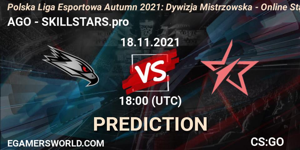AGO - SKILLSTARS.pro: прогноз. 18.11.2021 at 18:00, Counter-Strike (CS2), Polska Liga Esportowa Autumn 2021: Dywizja Mistrzowska - Online Stage