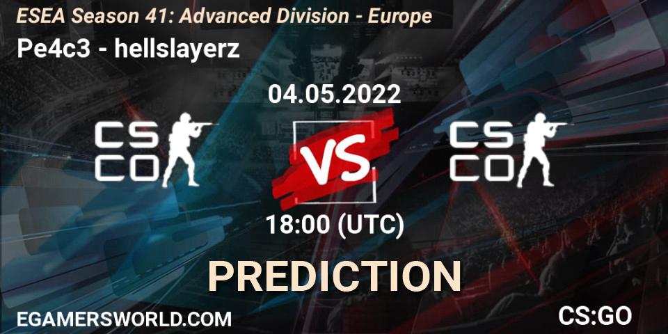 Pe4c3 - hellslayerz: прогноз. 04.05.2022 at 18:00, Counter-Strike (CS2), ESEA Season 41: Advanced Division - Europe