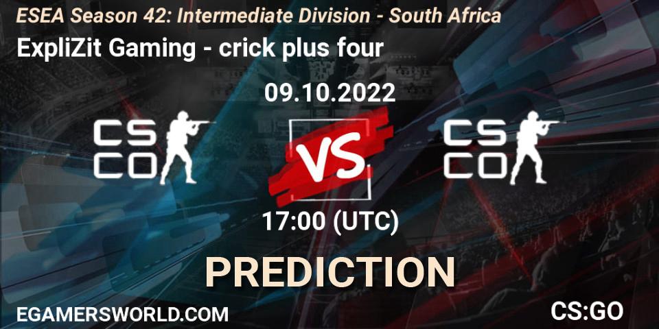 ExpliZit Gaming - crick plus four: прогноз. 09.10.22, CS2 (CS:GO), ESEA Season 42: Intermediate Division - South Africa