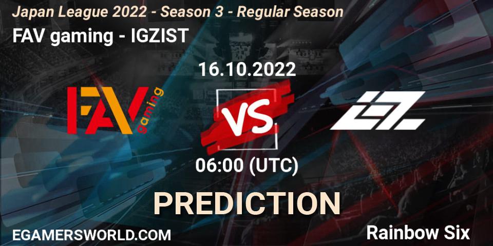 FAV gaming - IGZIST: прогноз. 16.10.2022 at 06:00, Rainbow Six, Japan League 2022 - Season 3 - Regular Season