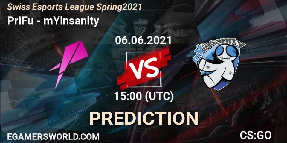 PriFu - mYinsanity: прогноз. 06.06.2021 at 15:00, Counter-Strike (CS2), Swiss Esports League Spring 2021