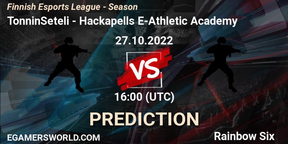 TonninSeteli - Hackapells E-Athletic Academy: прогноз. 27.10.2022 at 16:00, Rainbow Six, Finnish Esports League - Season 