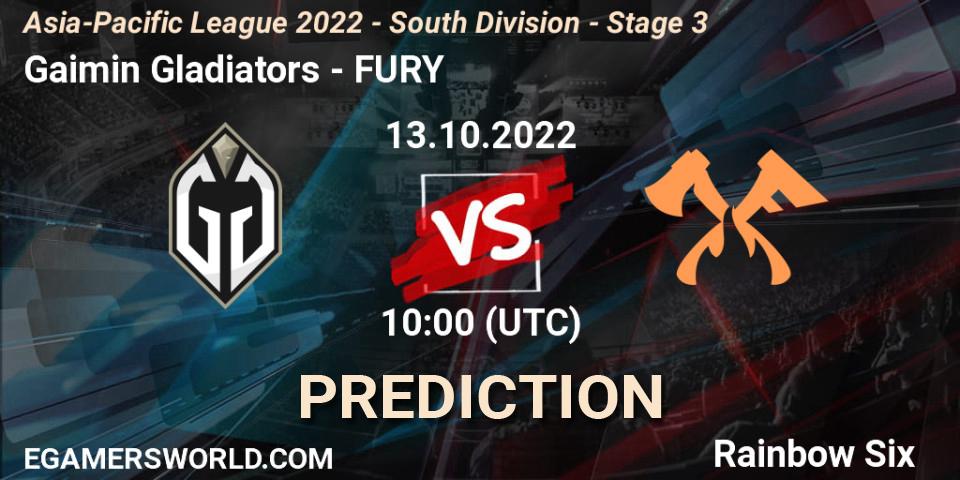 Gaimin Gladiators - FURY: прогноз. 13.10.2022 at 10:00, Rainbow Six, Asia-Pacific League 2022 - South Division - Stage 3