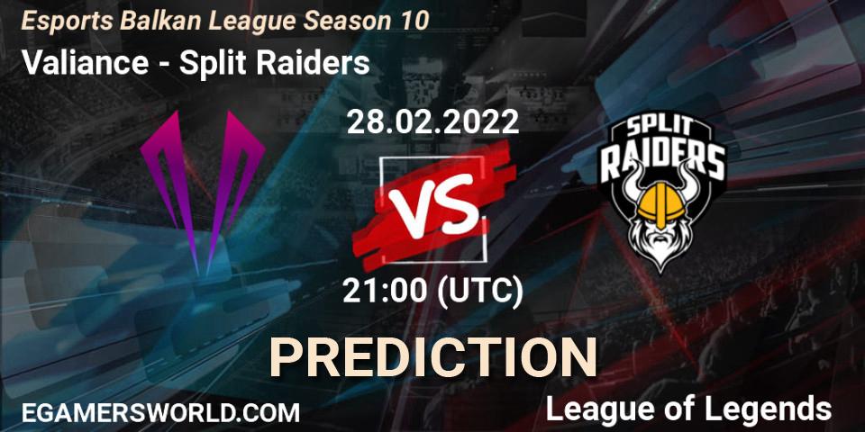 Valiance - Split Raiders: прогноз. 28.02.2022 at 21:15, LoL, Esports Balkan League Season 10