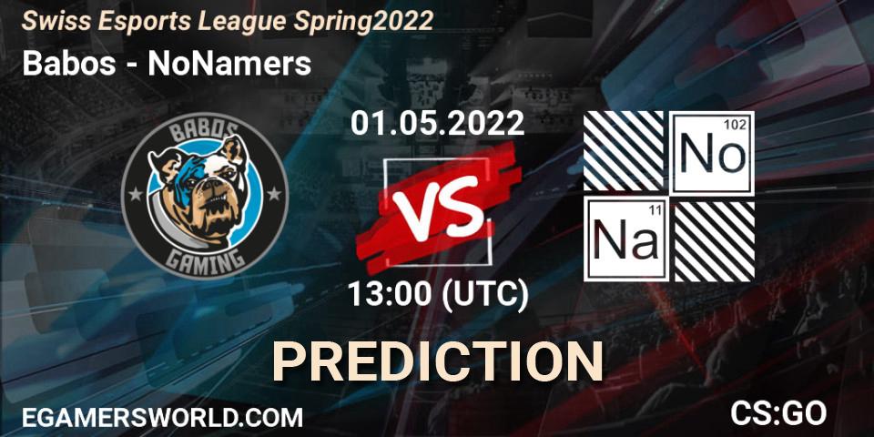 Babos - NoNamers: прогноз. 01.05.2022 at 13:00, Counter-Strike (CS2), Swiss Esports League Spring 2022