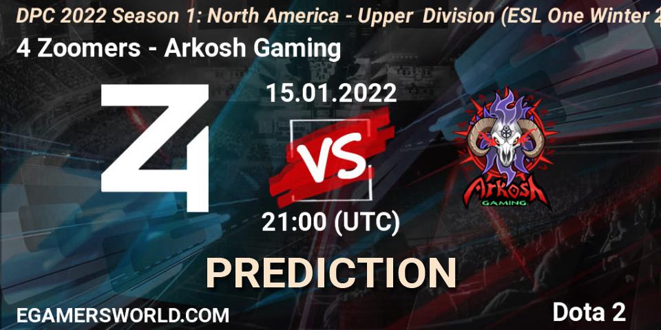 4 Zoomers - Arkosh Gaming: прогноз. 15.01.2022 at 19:55, Dota 2, DPC 2022 Season 1: North America - Upper Division (ESL One Winter 2021)