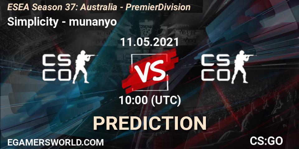 Simplicity - munanyo: прогноз. 11.05.2021 at 10:00, Counter-Strike (CS2), ESEA Season 37: Australia - Premier Division