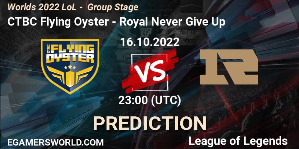 CTBC Flying Oyster - Royal Never Give Up: прогноз. 16.10.2022 at 23:00, LoL, Worlds 2022 LoL - Group Stage