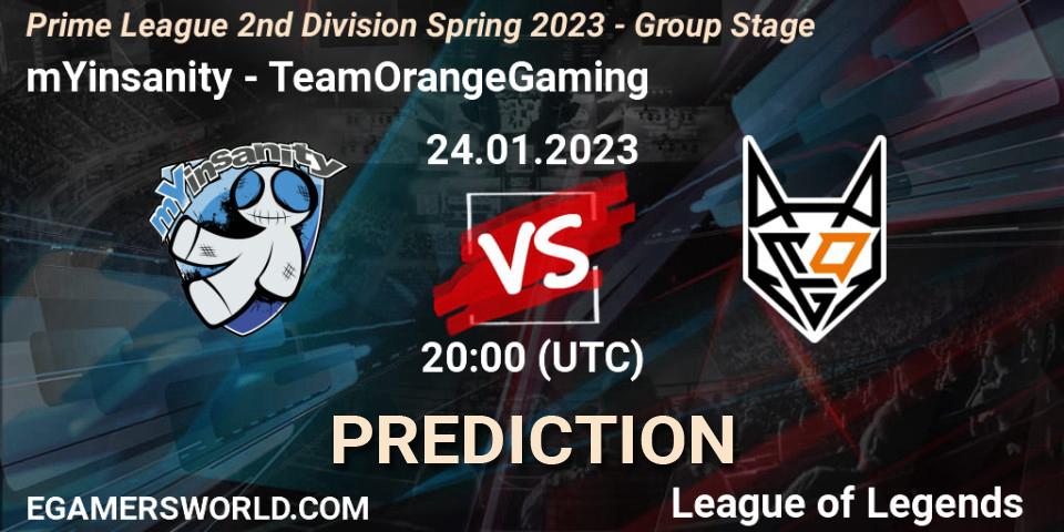 mYinsanity - TeamOrangeGaming: прогноз. 24.01.2023 at 20:00, LoL, Prime League 2nd Division Spring 2023 - Group Stage