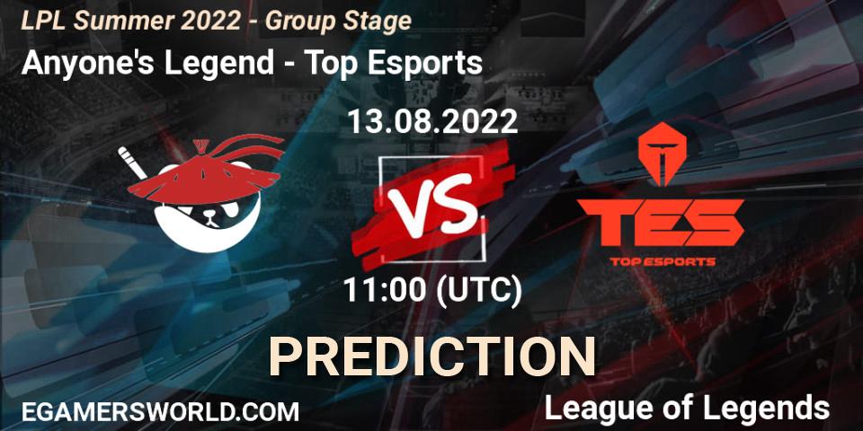 Anyone's Legend - Top Esports: прогноз. 13.08.2022 at 12:00, LoL, LPL Summer 2022 - Group Stage