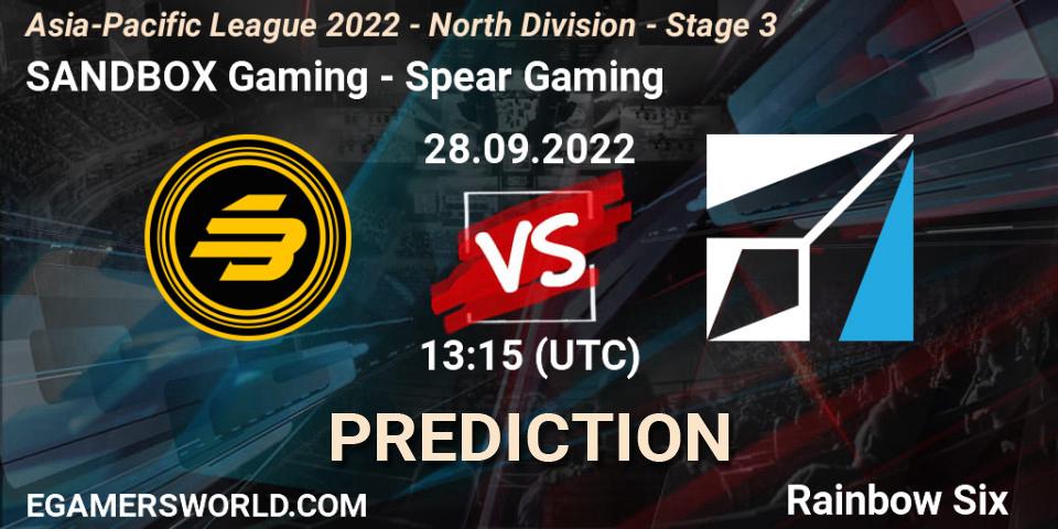 SANDBOX Gaming - Spear Gaming: прогноз. 28.09.2022 at 13:15, Rainbow Six, Asia-Pacific League 2022 - North Division - Stage 3