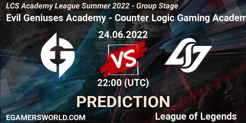 Evil Geniuses Academy - Counter Logic Gaming Academy: прогноз. 24.06.2022 at 22:00, LoL, LCS Academy League Summer 2022 - Group Stage