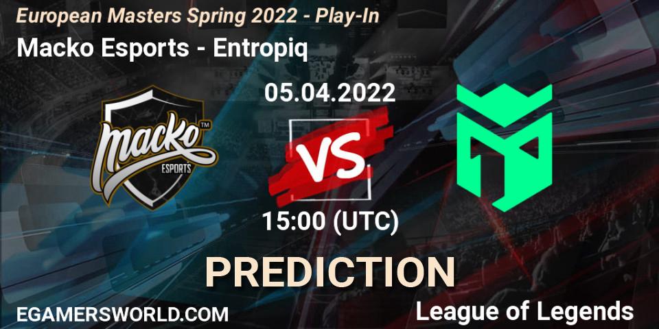 Macko Esports - Entropiq: прогноз. 05.04.2022 at 15:00, LoL, European Masters Spring 2022 - Play-In