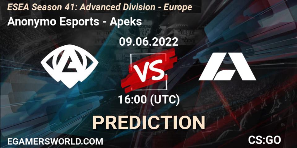 Anonymo Esports - Apeks: прогноз. 09.06.22, CS2 (CS:GO), ESEA Season 41: Advanced Division - Europe