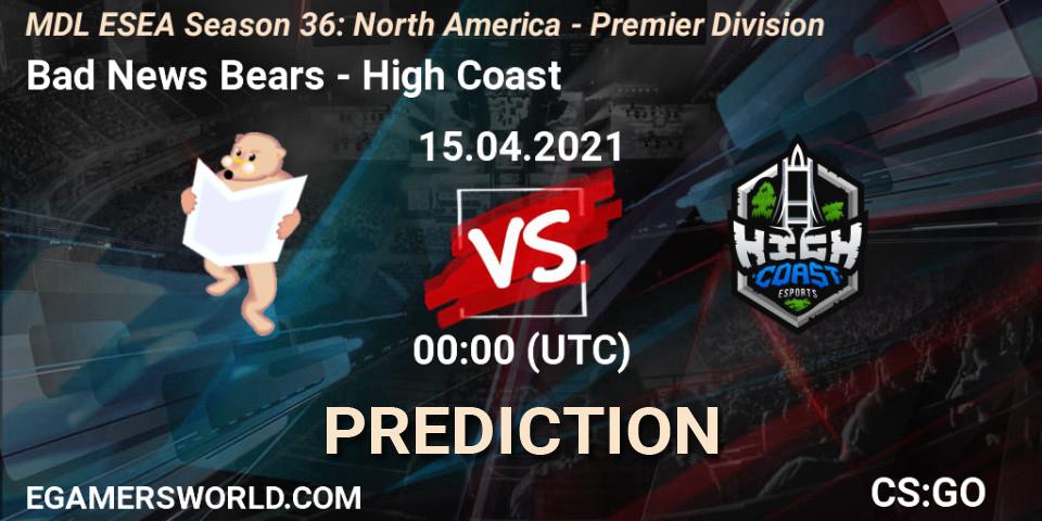 Bad News Bears - High Coast: прогноз. 15.04.2021 at 00:00, Counter-Strike (CS2), MDL ESEA Season 36: North America - Premier Division