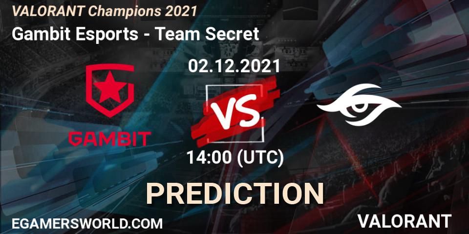 Gambit Esports - Team Secret: прогноз. 02.12.2021 at 14:00, VALORANT, VALORANT Champions 2021
