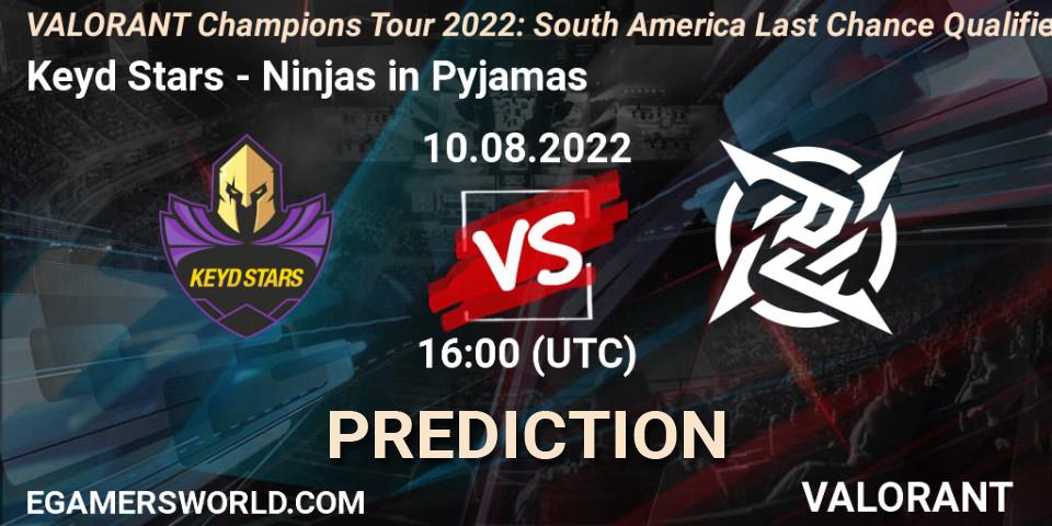 Keyd Stars - Ninjas in Pyjamas: прогноз. 10.08.2022 at 19:00, VALORANT, VCT 2022: South America Last Chance Qualifier