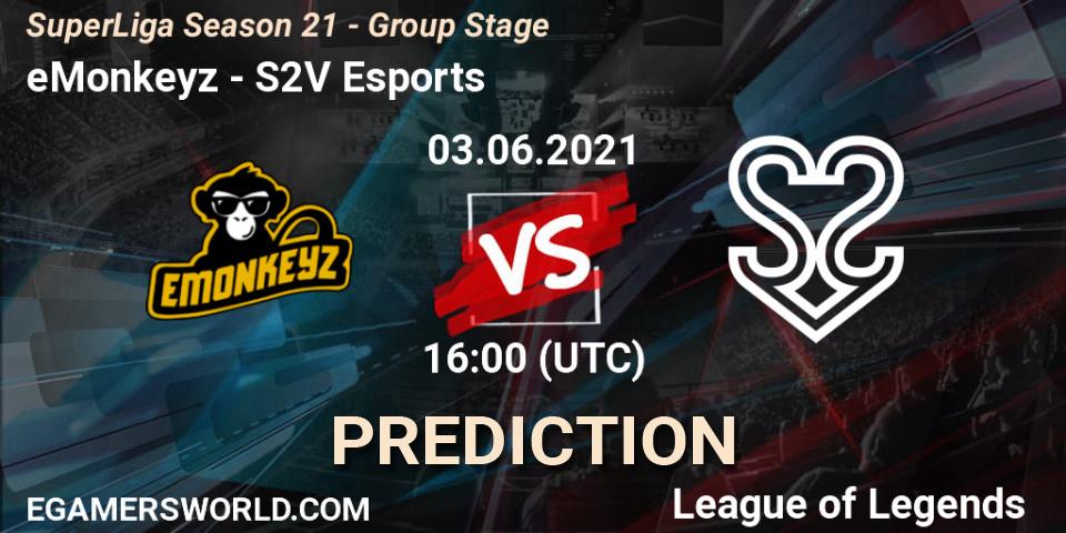 eMonkeyz - S2V Esports: прогноз. 03.06.2021 at 16:00, LoL, SuperLiga Season 21 - Group Stage 