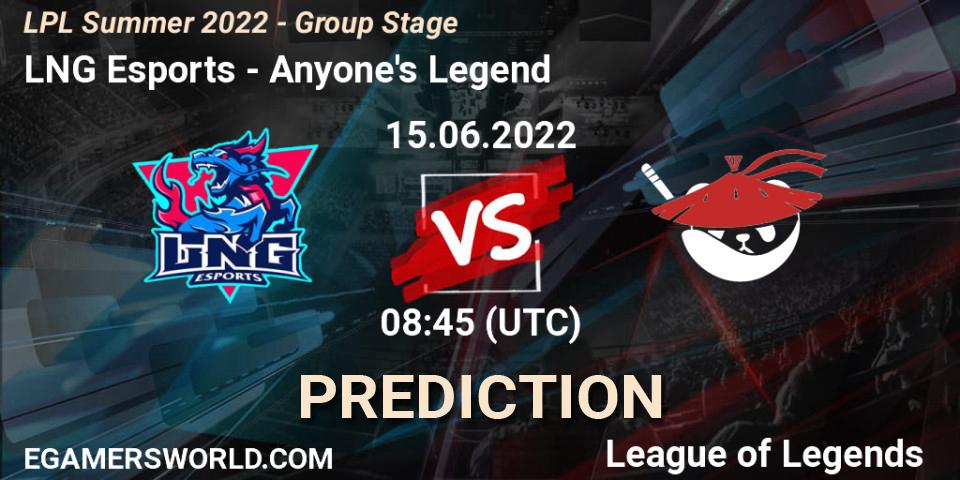 LNG Esports - Anyone's Legend: прогноз. 15.06.2022 at 09:00, LoL, LPL Summer 2022 - Group Stage