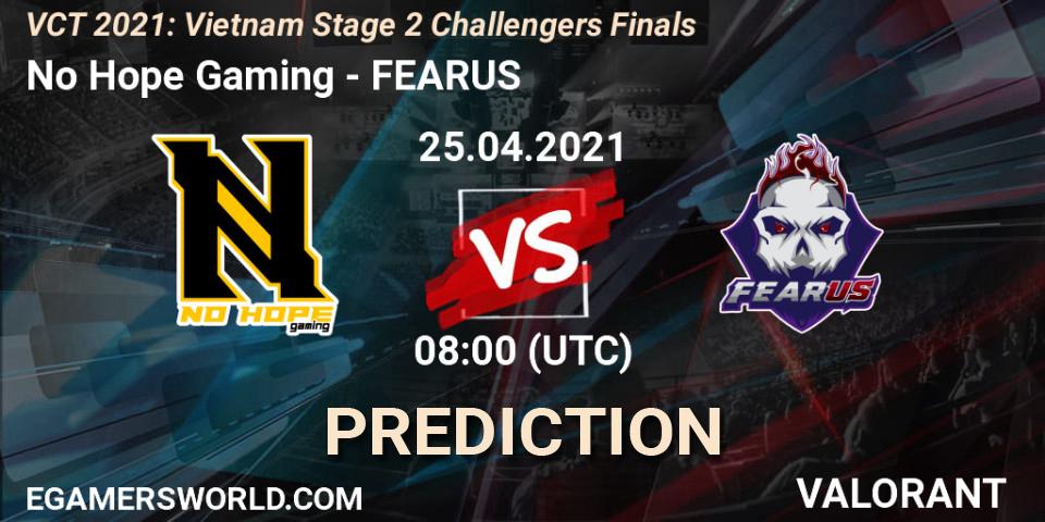 No Hope Gaming - FEARUS: прогноз. 25.04.2021 at 11:00, VALORANT, VCT 2021: Vietnam Stage 2 Challengers Finals