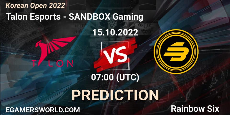Talon Esports - SANDBOX Gaming: прогноз. 15.10.2022 at 07:00, Rainbow Six, Korean Open 2022