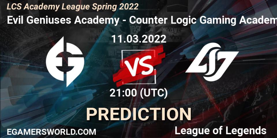 Evil Geniuses Academy - Counter Logic Gaming Academy: прогноз. 11.03.2022 at 21:00, LoL, LCS Academy League Spring 2022