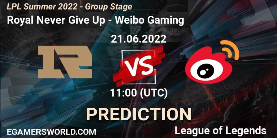 Royal Never Give Up - Weibo Gaming: прогноз. 21.06.2022 at 11:00, LoL, LPL Summer 2022 - Group Stage
