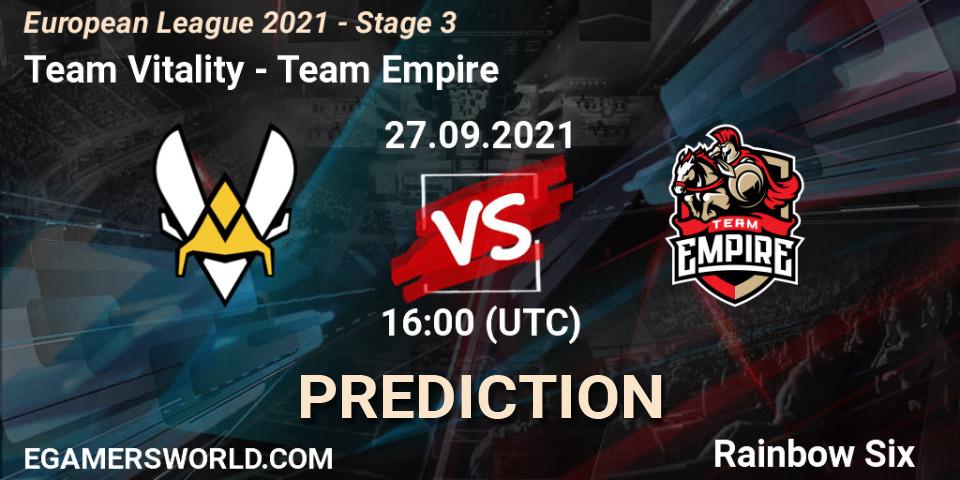 Team Vitality - Team Empire: прогноз. 27.09.2021 at 16:00, Rainbow Six, European League 2021 - Stage 3