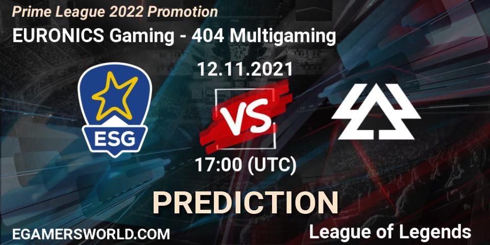 EURONICS Gaming - 404 Multigaming: прогноз. 12.11.21, LoL, Prime League 2022 Promotion