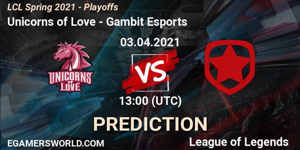 Unicorns of Love - Gambit Esports: прогноз. 03.04.21, LoL, LCL Spring 2021 - Playoffs