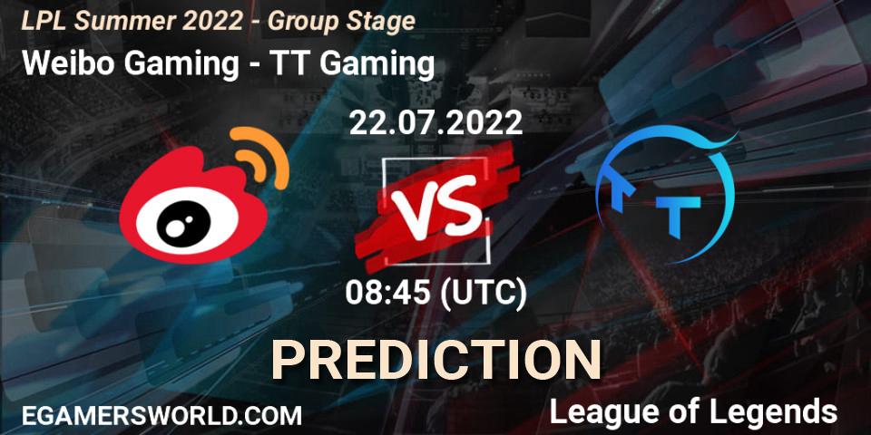 Weibo Gaming - TT Gaming: прогноз. 22.07.2022 at 09:00, LoL, LPL Summer 2022 - Group Stage