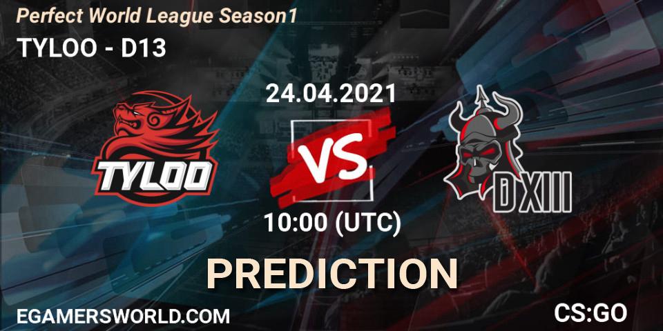 TYLOO - D13: прогноз. 24.04.2021 at 10:00, Counter-Strike (CS2), Perfect World League Season 1